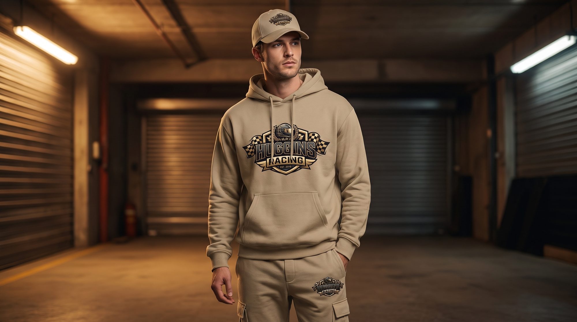 Man wearing a sand Huggins Racing hooded sweatshirt, matching cap and joggers in a garage workshop